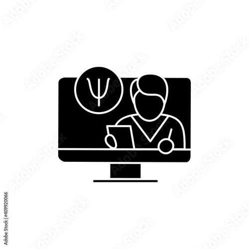 Telepsychiatry glyth icon. Telehealth medical care. Virtual psychiatrist consultation. Telemedicine, health care concept. Online medicine, psychotherapy. Isolated silhouette vector illustration