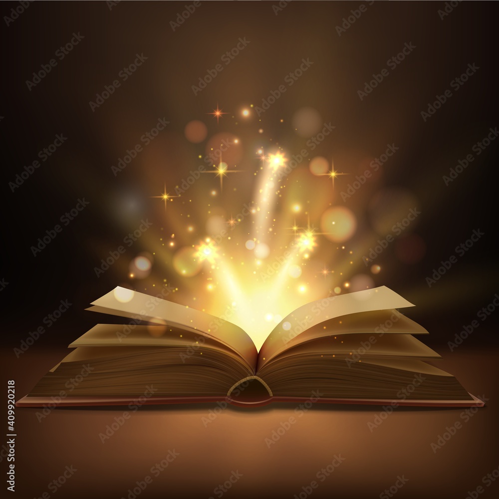 Open book with magic lights realistic vector design. Fantasy or fairy tale book, Bible or wizard spellbook with bright glowing pages, shining sparkles and bokeh, education, Christmas, Halloween themes - obrazy, fototapety, plakaty 