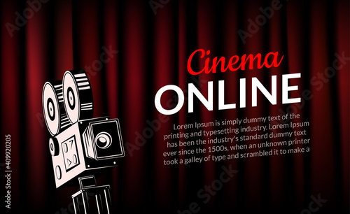 Online cinema poster concept background. Movie film projector old camera flyer digital movie