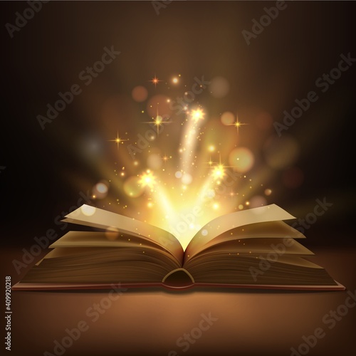 Tablou canvas Open book with magic lights realistic vector design