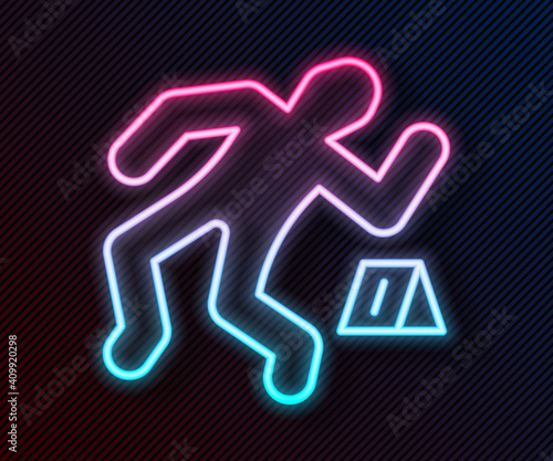 Glowing neon line Crime scene icon isolated on black background. Vector.