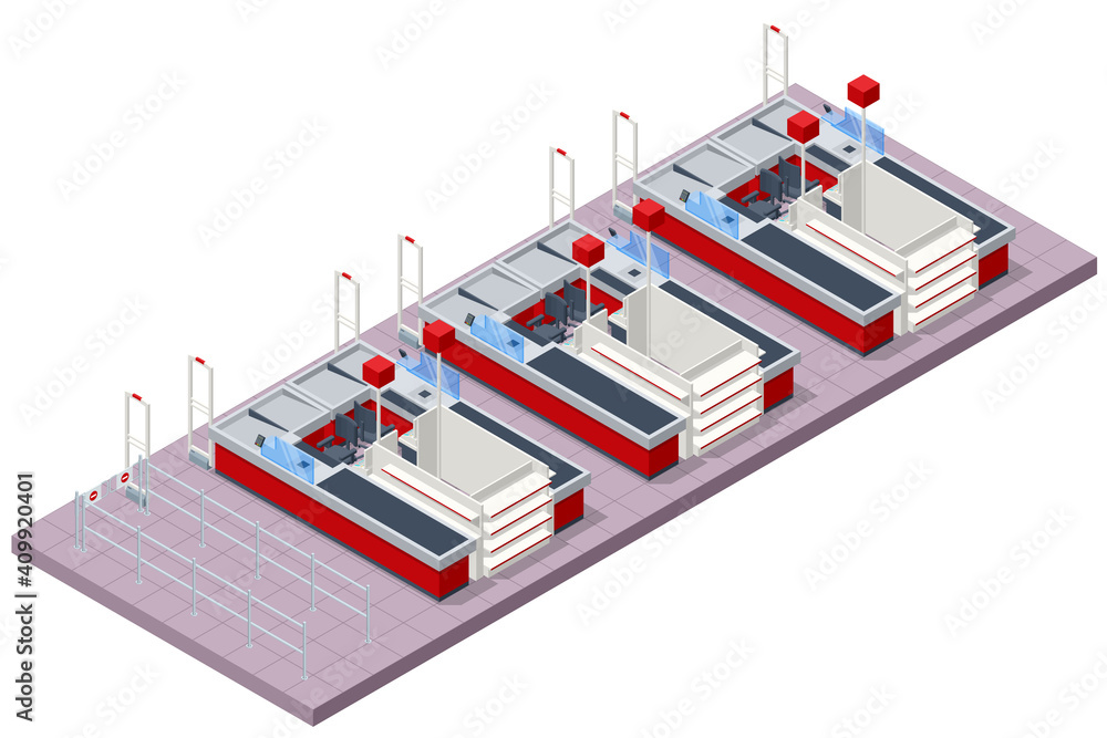 Isometric series of cash registers, cash desk, in a large supermarket. Empty cash desk with computer screen and card payment terminal. Isometric series of cash registers, cash desk, in a large supermarket. Empty cash desk with computer screen and card payment terminal.