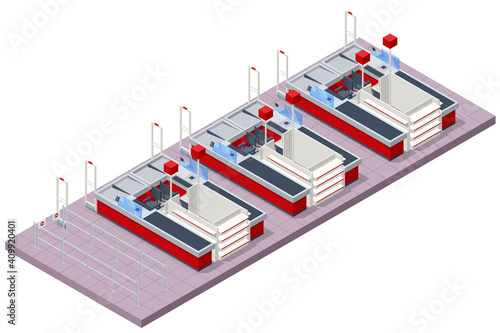 Isometric series of cash registers, cash desk, in a large supermarket. Empty cash desk with computer screen and card payment terminal.