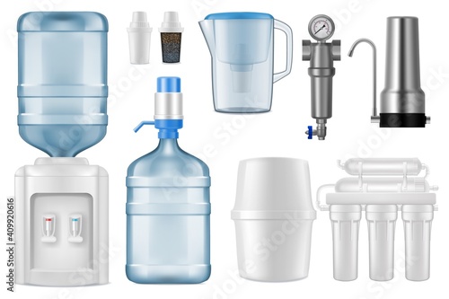 Water filter realistic vector mockups. 3d filtration jug and purification system of reverse osmosis with storage tank, filter tap and cartridges, cooler, bottle with pump, filtration equipment design