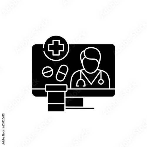Medication prescription online glyph icon. Telehealth medical care. Virtual doctors treatment. Telemedicine, online health care concept. Isolated silhouette vector illustration
