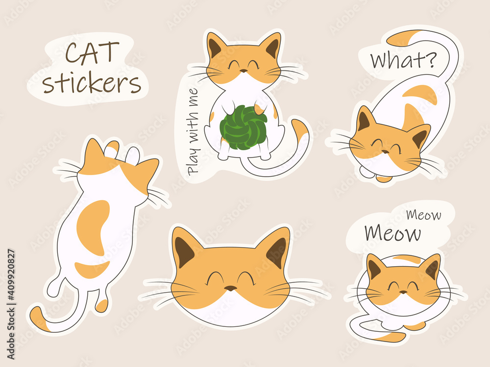 Cat stickers. Cute pet labels with motivation quotes. Hand drawn vector illustration. Line drawing.