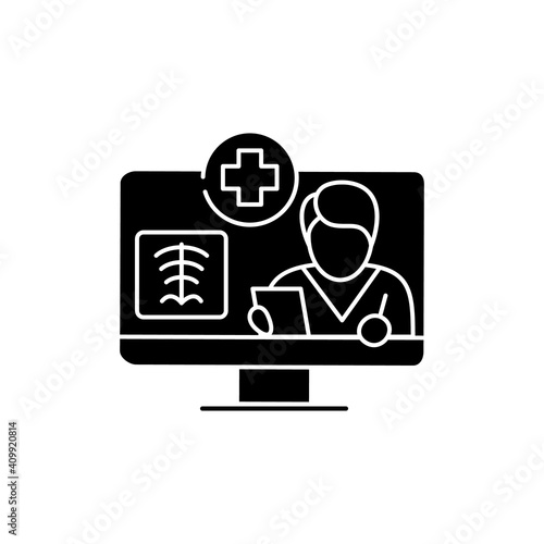Teleradiology glyph icon. Telehealth medical care. Virtual radiographer consultation. Telemedicine, health care concept. Online medicine, roentgenology. Isolated silhouette vector illustration