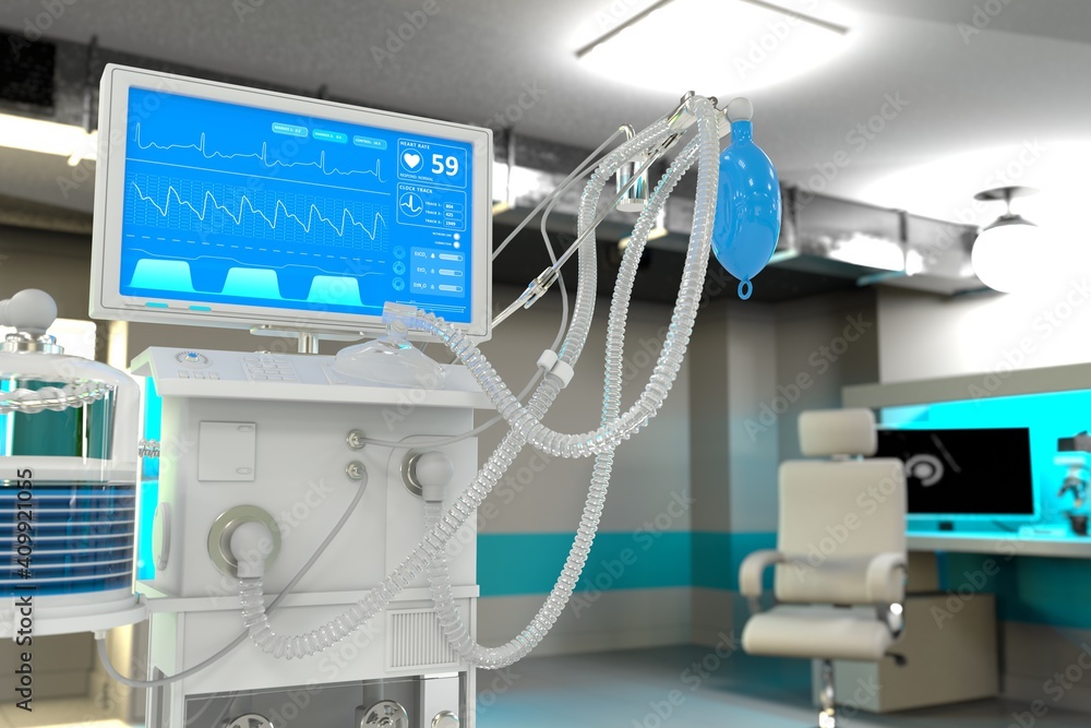 ICU artificial lung ventilator with fictive design in modern hospital with bokeh - fight 2019-ncov concept, medical 3D illustration ICU artificial lung ventilator with fictive design in modern hospital with bokeh - fight 2019-ncov concept, medical 3D illustration