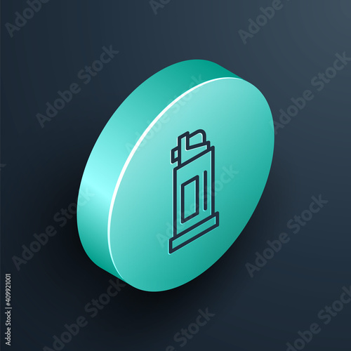 Isometric line Pepper spray icon isolated on black background. OC gas. Capsicum self defense aerosol. Turquoise circle button. Vector.
