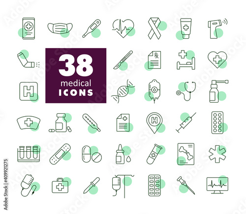 Medicine and healthcare, medical support icons set