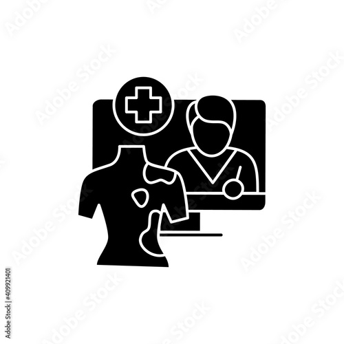 Teledermatology glyph icon. Telehealth medical care. Virtual dermatology consultation. Telemedicine, health care concept. Online medicine, skin examination. Isolated silhouette vector illustration