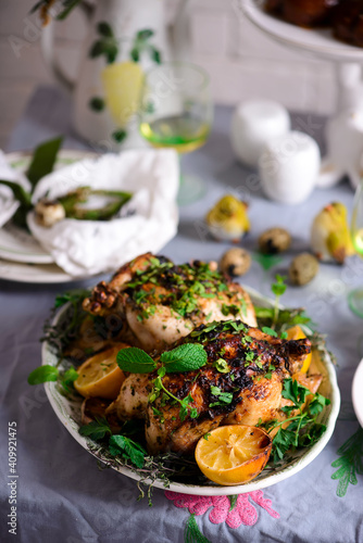 Easter chickens with herbs and lemon..style rustic