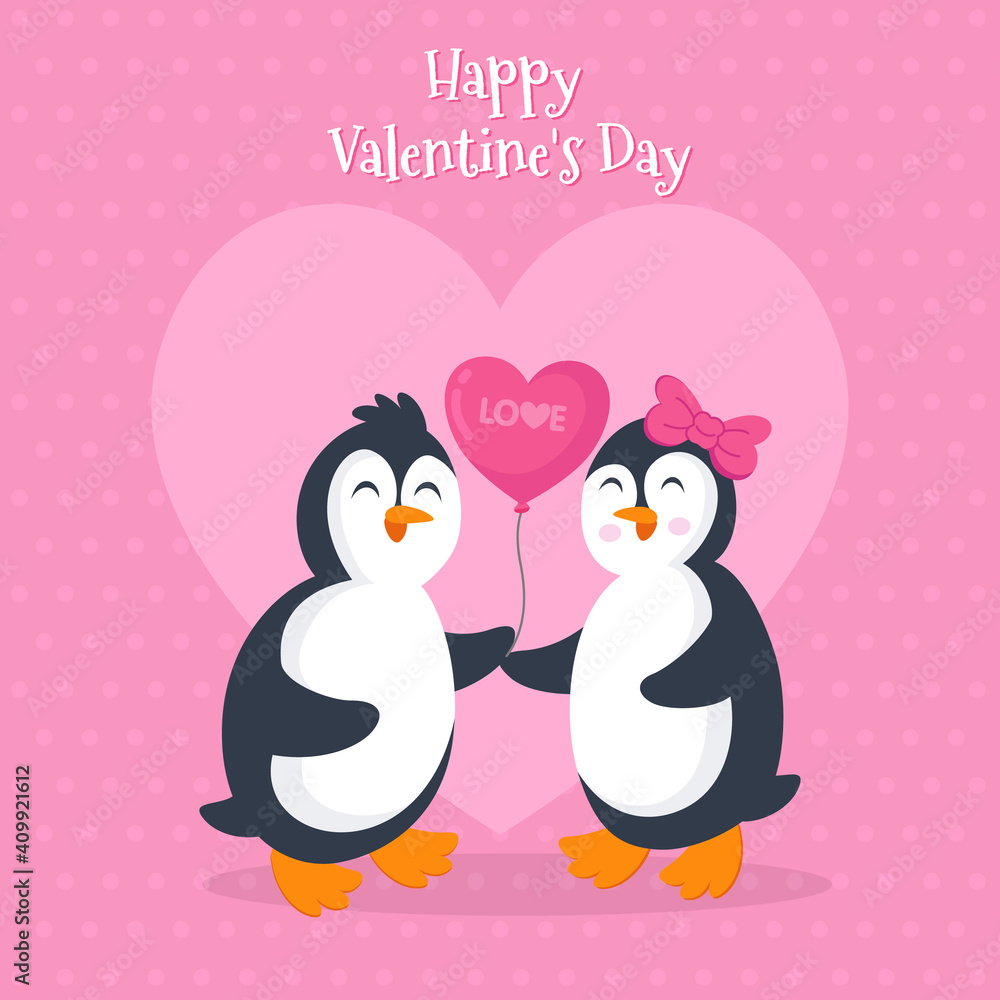 Obraz premium Valentine's day card vector illustration with Cute penguin couple
