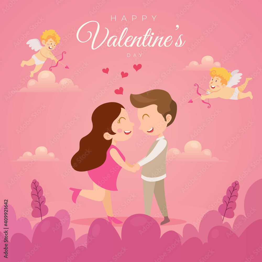 Valentine's day card vector illustration. Cute couple in love with cupid angels Valentine's day card vector illustration. Cute couple in love with cupid angels