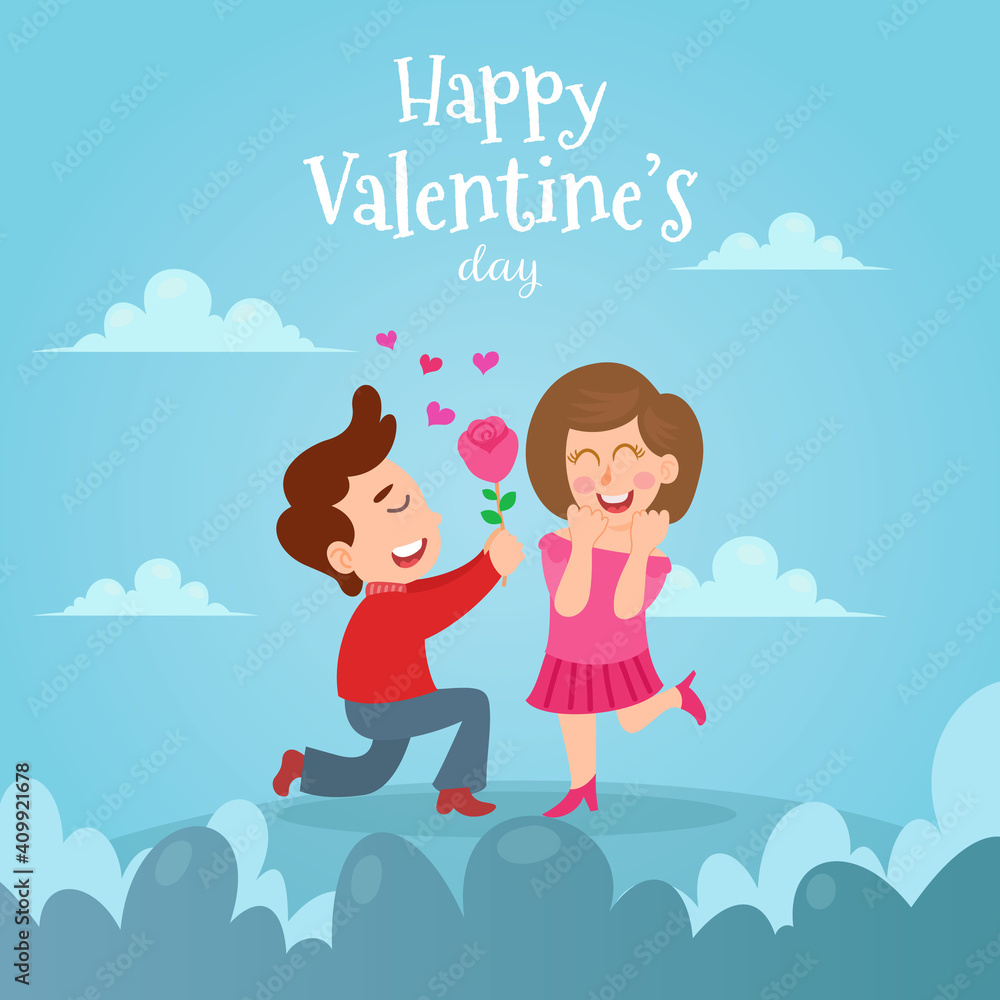 Valentine's day card vector illustration. man kneeling to his girlfriend Valentine's day card vector illustration. man kneeling to his girlfriend