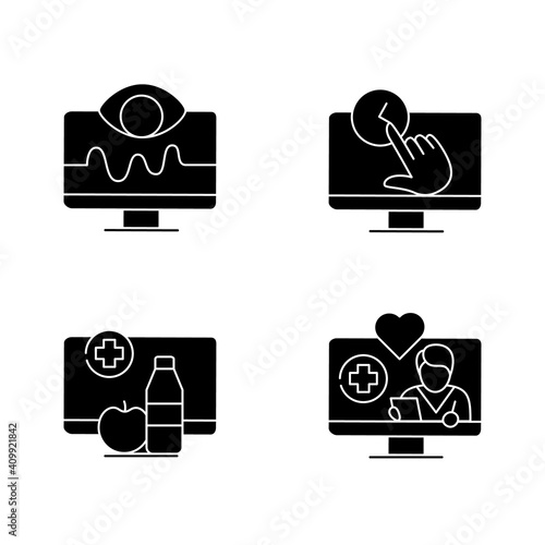  Telehealth line icons set. Healthcare organizations platforms. Remote healthy check. Telemedicine, health care concept. Online medical examinations. Isolated silhouette vector illustration