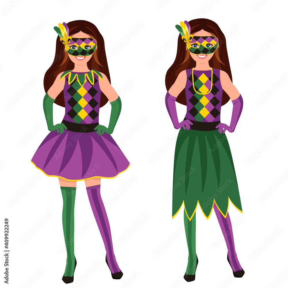Beautiful girl with Mardi Gras mask and beads. Isolated on a white background. Vector Illustration. Beautiful girl with Mardi Gras mask and beads. Isolated on a white background. Vector Illustration.