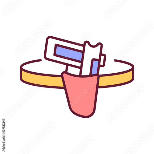 Gun in holster RGB color icon. Open carry for handgun. Police officer sidearms. Small arms for personal protection, self defense. Carry shooting weapon in public. Isolated vector illustration