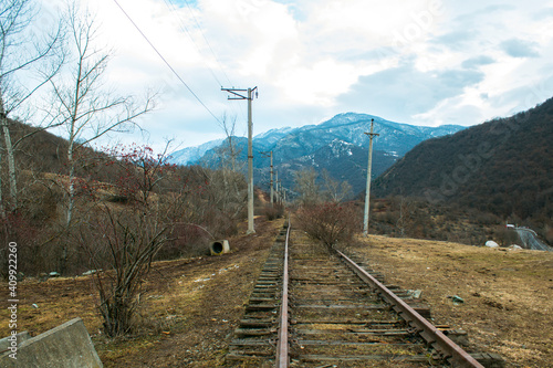 train rails and bushes by the mountains