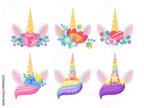 Unicorn horn, ears and flowers isolated vector design of magic horse animal heads with twisted horns, gold crowns and stars, hearts, rainbow bangs and floral wreaths. Wedding or child party invitation