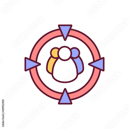 Risk of mass shooting RGB color icon. Terrorism danger. Gun target on people. Threat for society. Aiming for shooting. Open fire to kill. Gun control for protection. Isolated vector illustration