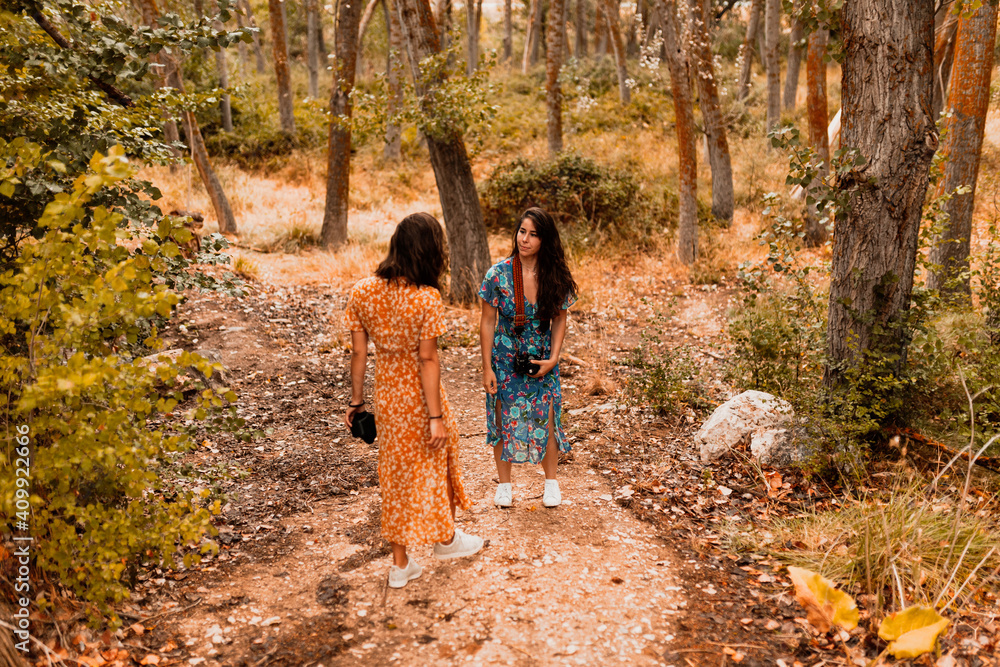 Fototapeta premium Two young lesbians walking in the woods wearing long dresses