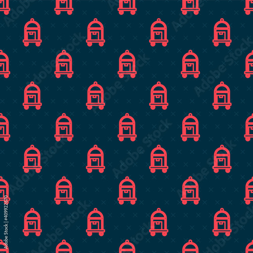 Red line Hotel luggage cart with suitcase icon isolated seamless pattern on black background. Traveling baggage sign. Travel luggage icon. Vector.