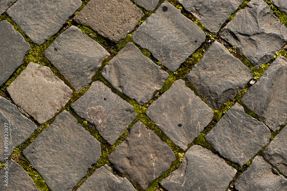 Obraz premium Abstract Background of Old Cobblestone Pavement Road with Green Moss. Grey pavement directly above