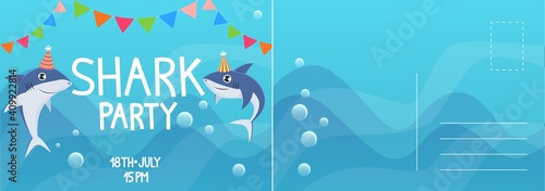 Birthday invitation cards. Shark birthday party kids greeting card. Holiday postcard with colorful underwater animals in cone hat, letter template with text, vector cartoon illustration