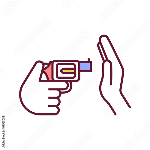 Stop gun violence RGB color icon. Danger of attack with weapon. Damage from shooting. Criminal assault. Shot at target. Life protection and civilian defense. Isolated vector illustration