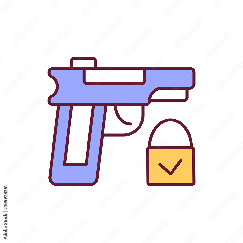 Gun rights RGB color icon. Secure firearms handling. Weapon for protection. Handgun regulation. Legislation for gun ownership. Gun control for small arms. Isolated vector illustration Gun rights RGB color icon. Secure firearms handling. Weapon for protection. Handgun regulation. Legislation for gun ownership. Gun control for small arms. Isolated vector illustration