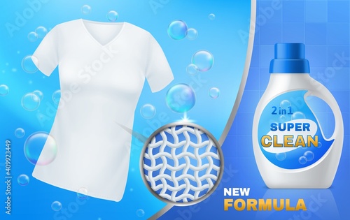 Realistic laundry detergent. Clean white t-shirt, washing clothes gel in plastic bottle, soap bubbles and fabric fibers. Cleaning product branding template. Vector advertising poster