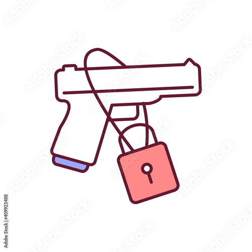 Guns control RGB color icon. Violence prevention. Padlock for security and protection. Weapon restriction. Ensure safety. Legislation and regulation for guns. Isolated vector illustration