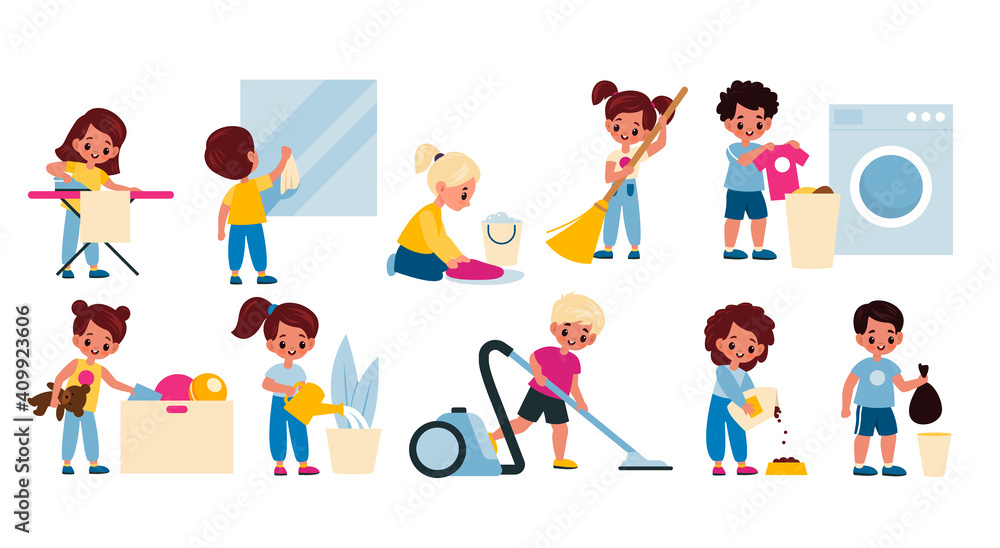 Kids cleaning home. Children housework activity. Girls and boys washing  clothes, garbage taking, watering plants, vacuuming and sweeping floor.  Housekeeping chores vector cartoon set Stock Vector | Adobe Stock