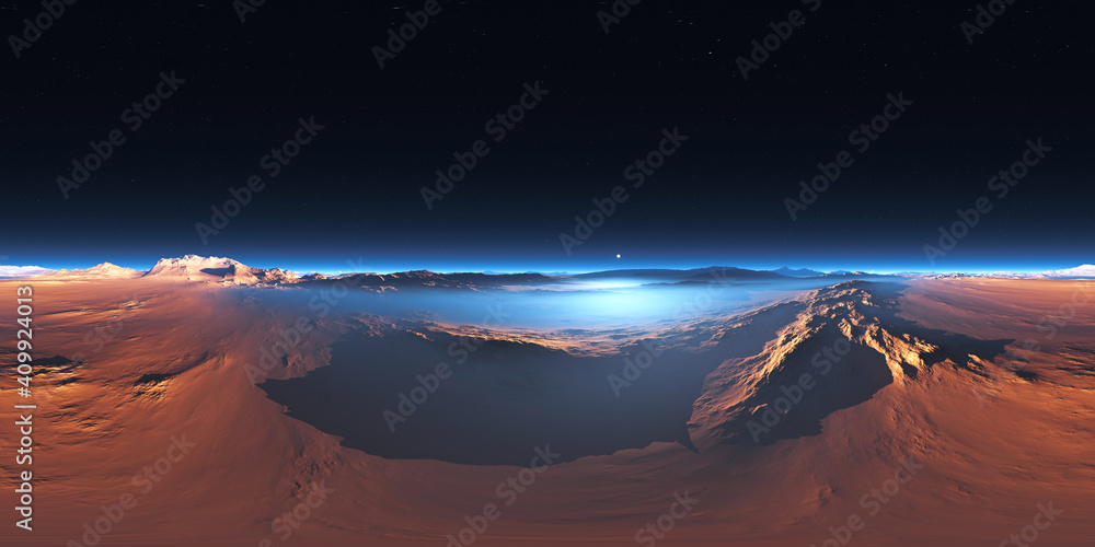 360 degree panorama of the cold desert on Mars. Martian Landscape, environment HDRI map. Equirectangular projection, spherical panorama