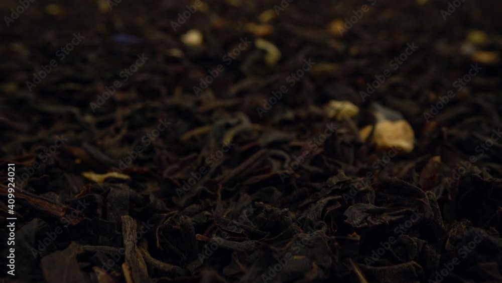 extremely close-up dried black tea leaves background. Dolly Shot extremely close-up dried black tea leaves background. Dolly Shot