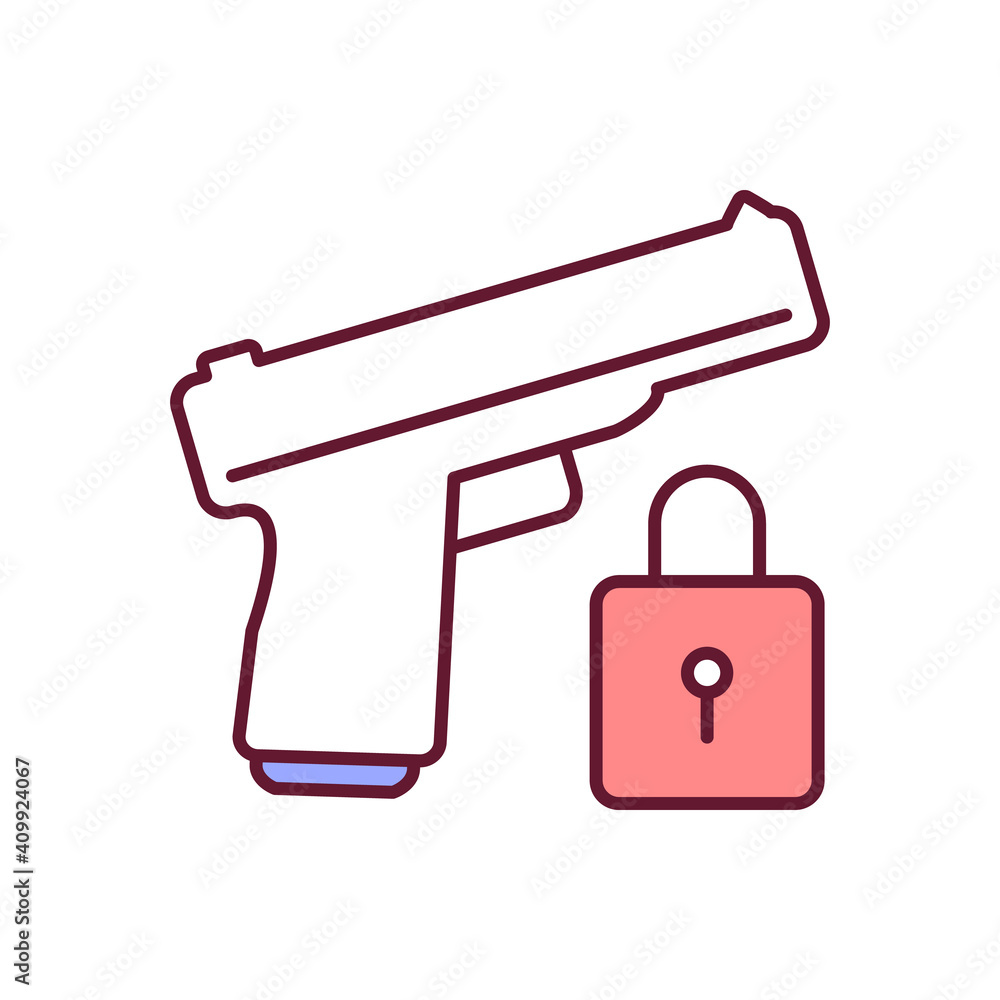 Firearm security RGB color icon. Personal safety, protection of life, violence prevention. Gun control. Weapon regulation. Legislation and regulation for guns. Isolated vector illustration Firearm security RGB color icon. Personal safety, protection of life, violence prevention. Gun control. Weapon regulation. Legislation and regulation for guns. Isolated vector illustration