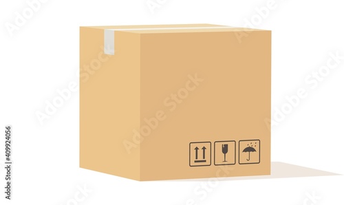 Cardboard box. Closed carton packaging cargo storage, beige square delivery parcel with sign angle view, industry shipment, shipping goods, warehouse object vector isolated illustration