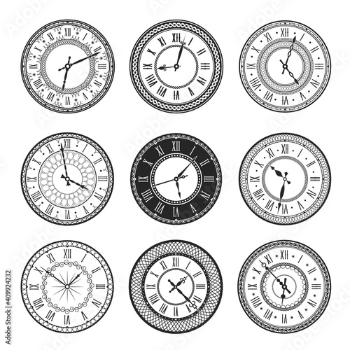 Vintage clock face isolated vector icons of antique watches with black and white round dials. Wall timepieces with roman numerals, ornate clock hands and geometric ornaments, time measurement device