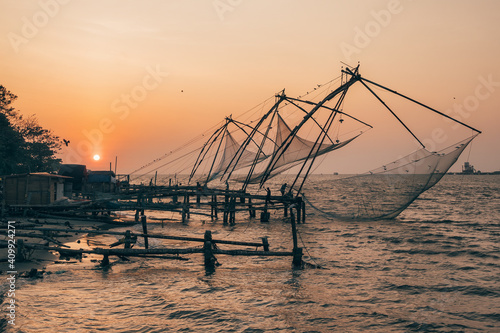 Chinese fishing net at sunrise in Cochin, Kerala, India