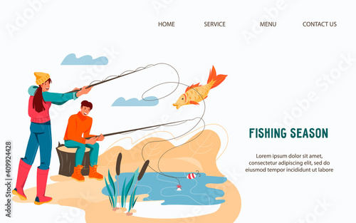 Website template for fishing and camping activity with fishers man and woman, flat vector illustration. Fishery and camping hobby, active recreation in nature concept of web landing page interface.