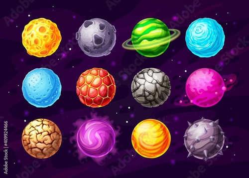 Alien space planets cartoon vector design of space game UI, user interface. Fantasy universe galaxy planets with orbits, stones, magic energy fire craters and ice crystals, mist rings and stars