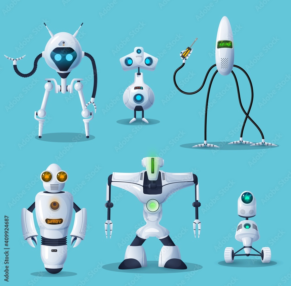 Robot, bot, android and cyborg cartoon characters of vector ai or artificial  intelligence. Mobile robots with legs, wheels and manipulator arms, robotic  helpers of future technologies and robotics Stock Vector | Adobe
