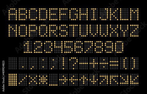 Led display font. Dot light english alphabet, electronic digital board yellow letters, numbers and signs isolated on black, sport stadium and airport calculation usage vector abc set