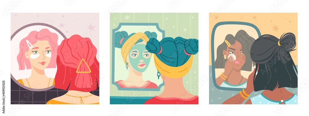 Beauty routine in mirror. Female face reflection, girls make up, home skin care procedures scenes collection, ladies cosmetic, women in bathroom interiors. Vector trendy cartoon posters
