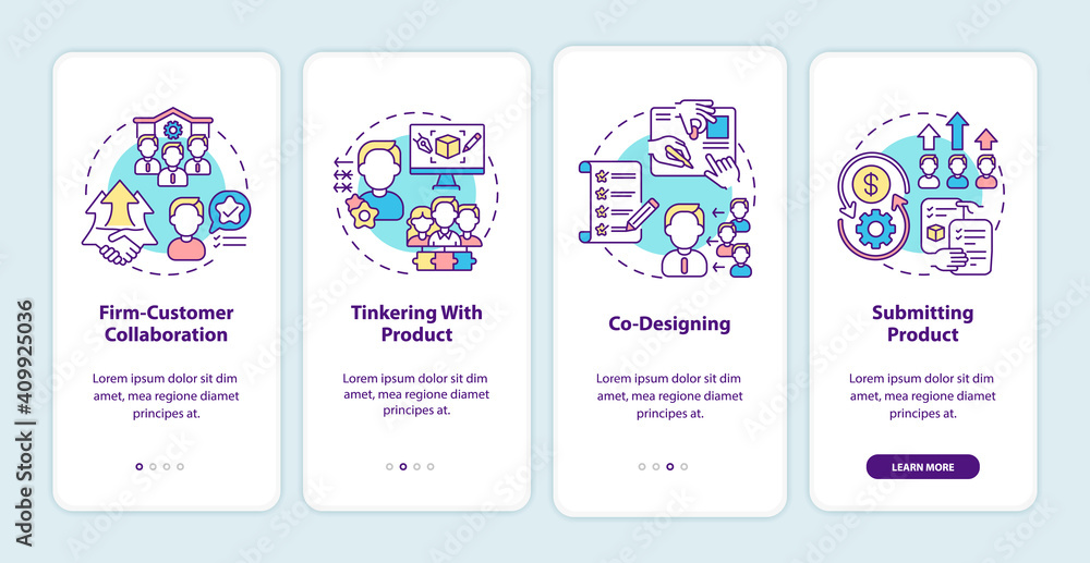 Co creation types onboarding mobile app page screen with concepts. Firm-customer collaboration, co-designing walkthrough 4 steps graphic instructions. UI vector template with RGB color illustrations