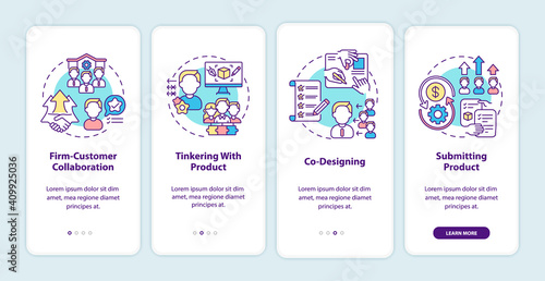 Co creation types onboarding mobile app page screen with concepts. Firm-customer collaboration, co-designing walkthrough 4 steps graphic instructions. UI vector template with RGB color illustrations