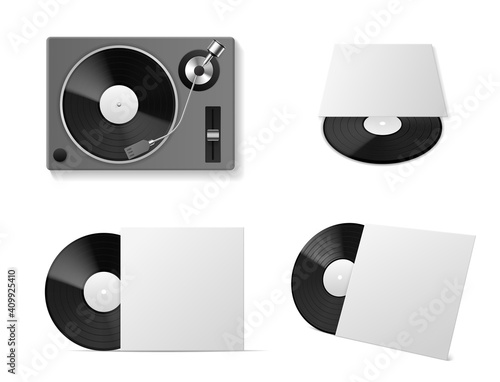 Vinyl record player mockup. Realistic vinyl turntablism vintage musical equipment, black plate disc in different angles, blank cardboard package. cover template. Vector 3d isolated set