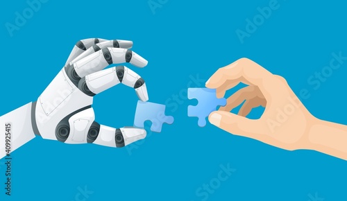 Robot and human hand with puzzle. Artificial intelligence assistance, robotic automation and machine learning technology vector concept. Cooperation and solution finding with AI, future innovations