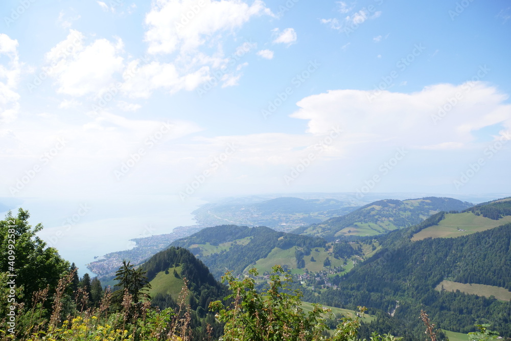 Lake Geneva in Switzerland seen from a scenery mountain perspective on a sunny day